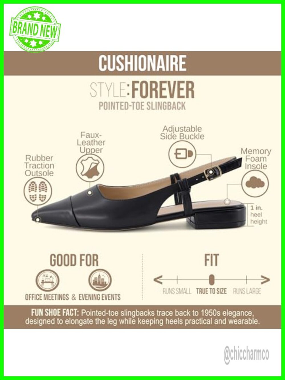 Premium Vegan Leather Pointed Toe Slingback Pump with Memory Foam, 1 Inch Heel - Picture 3 of 6